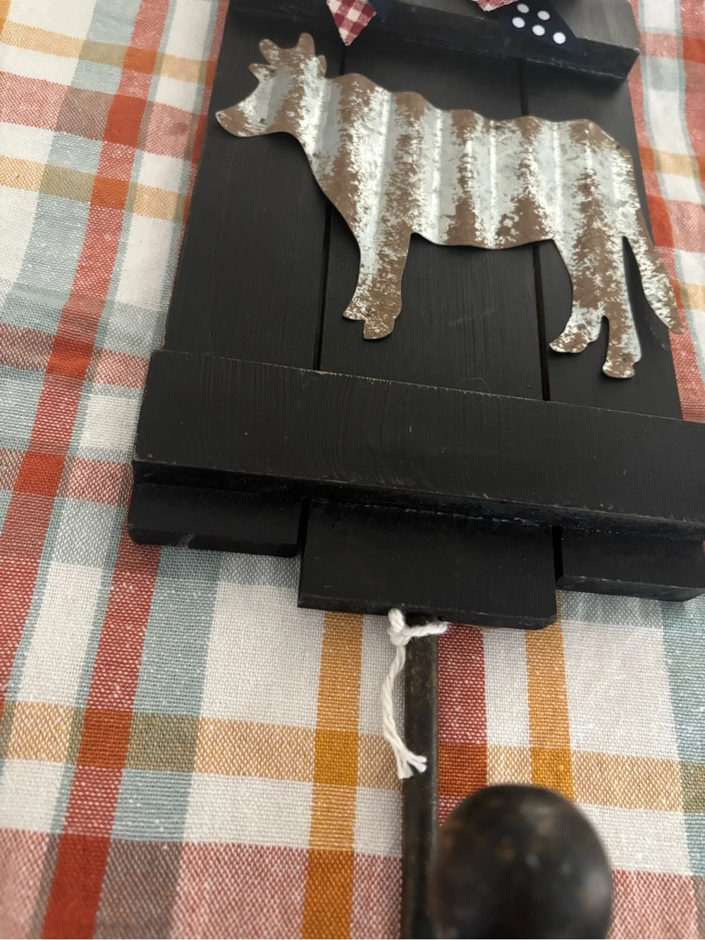 Rustic Primitive Country Farmhouse Cow Wood/Tin Wall Hook Decor Bow Final Sale